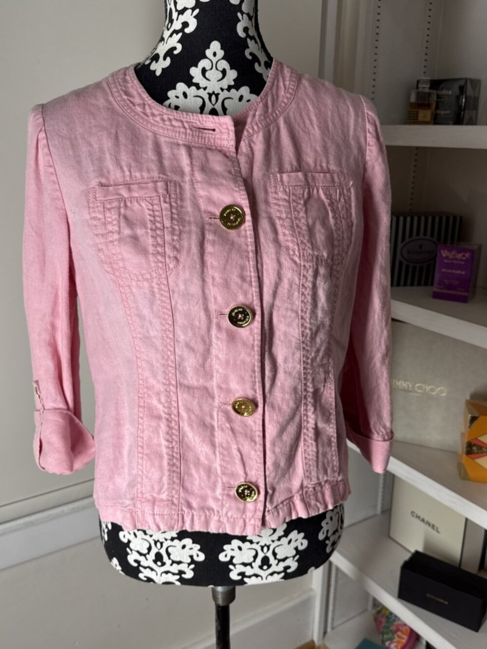 Jones New York Signature Blazer Pink w/ Large Linen Blend GOLD Buttons Size MP